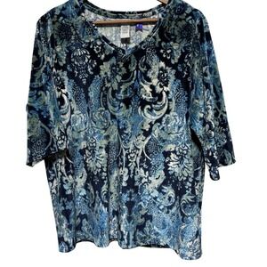 Catherines Top Womens 16W Petite Blue Velvet 3/4 Sleeve Stretch Elegant V Neck